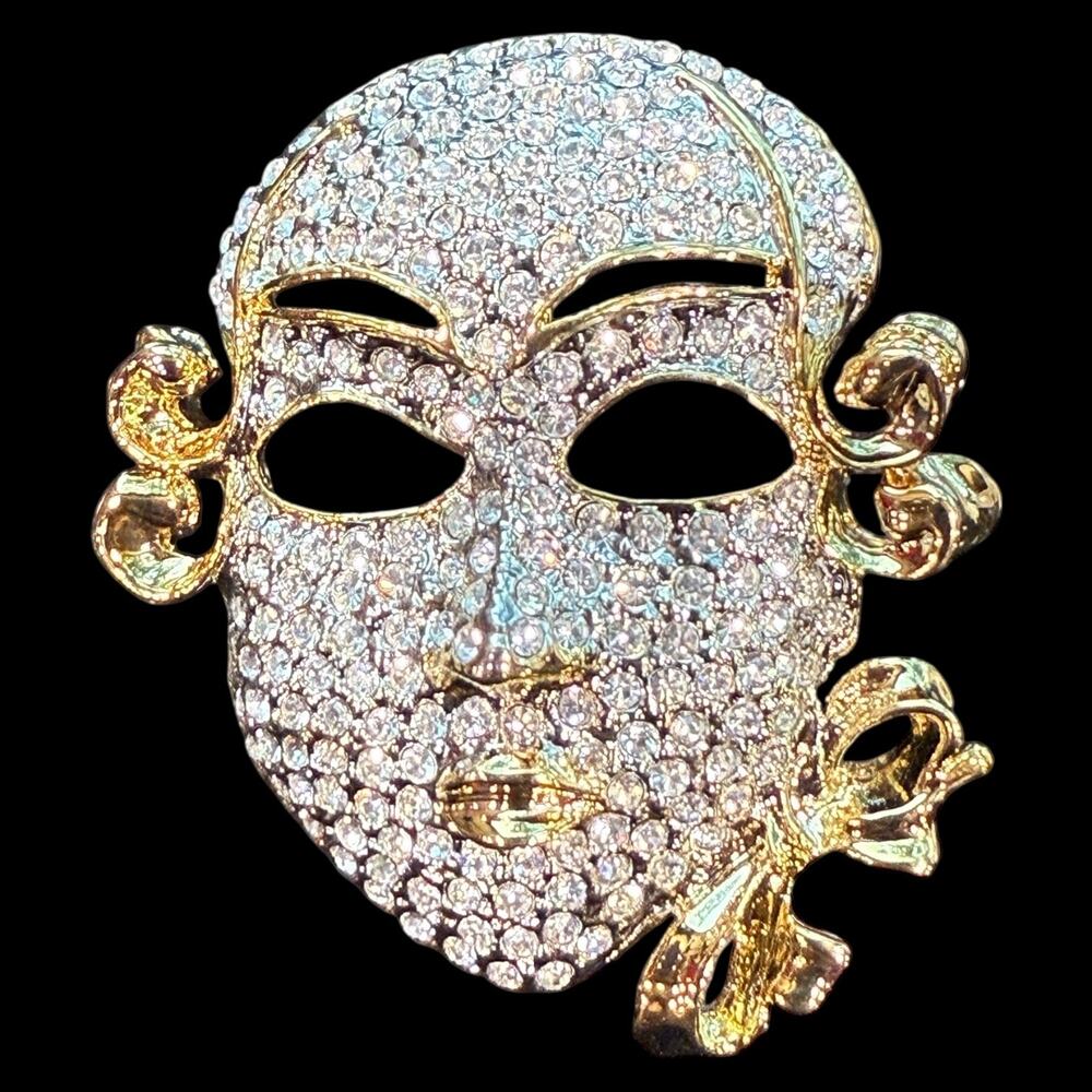 Vintage Gold Tone Crystal Pave Masquerade Mask Brooch Mardi Gras Costume Pin